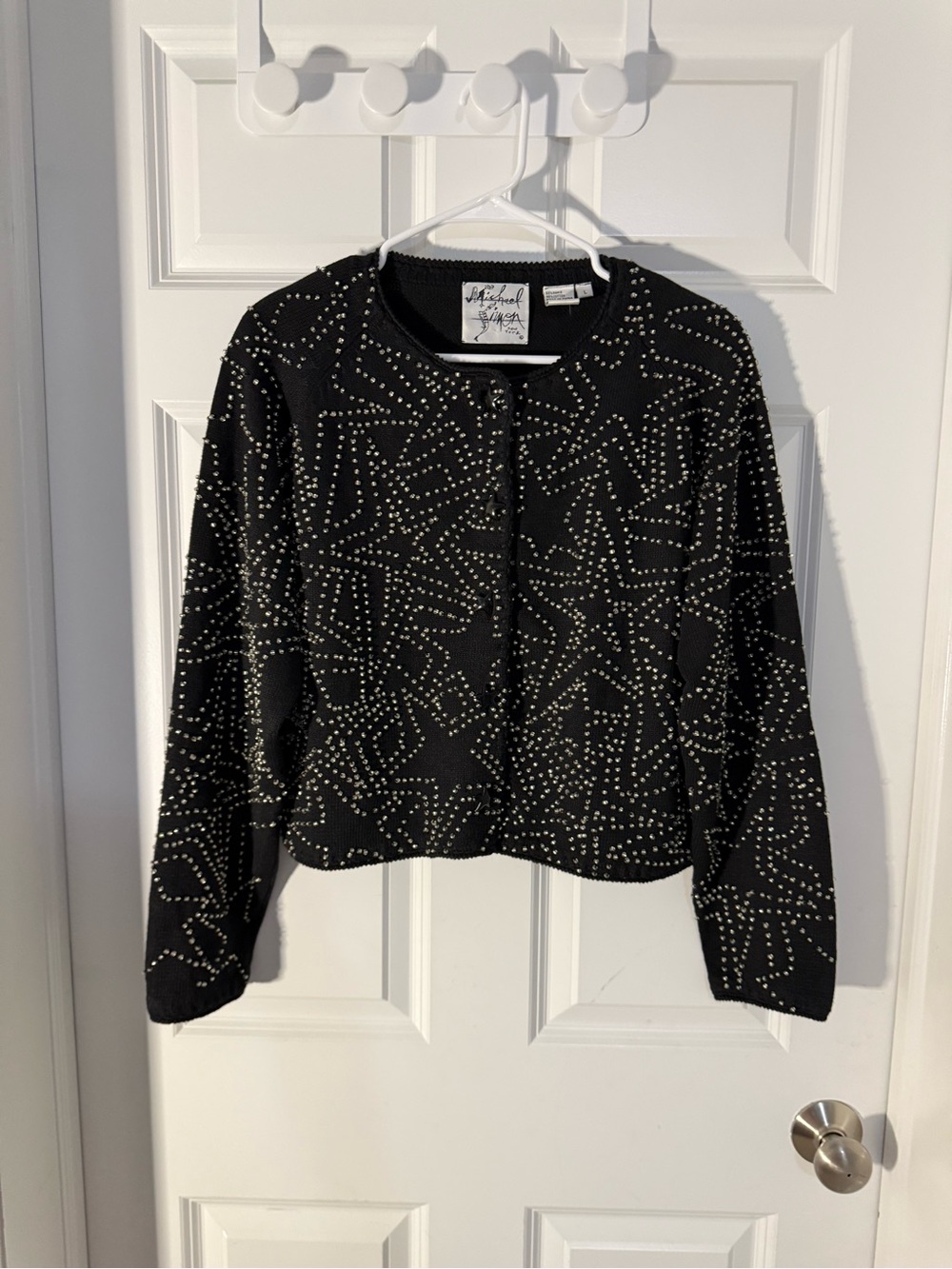 VTG 1997 Michael Simon Beaded Cardigan L Ramie Cotton Abstract Geometric Black